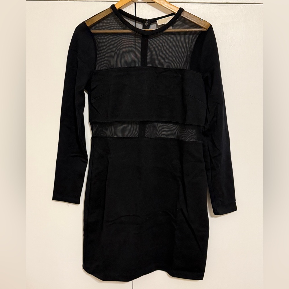Michael by Michael Kors Black Long Sleeve Sheer-Panel Ponte Dress L